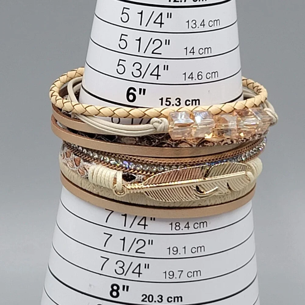 Wrap Bracelet Gold tone Tan Faux Leather Feather Charm Crystal Beads 6.5" - Picture 5 of 8